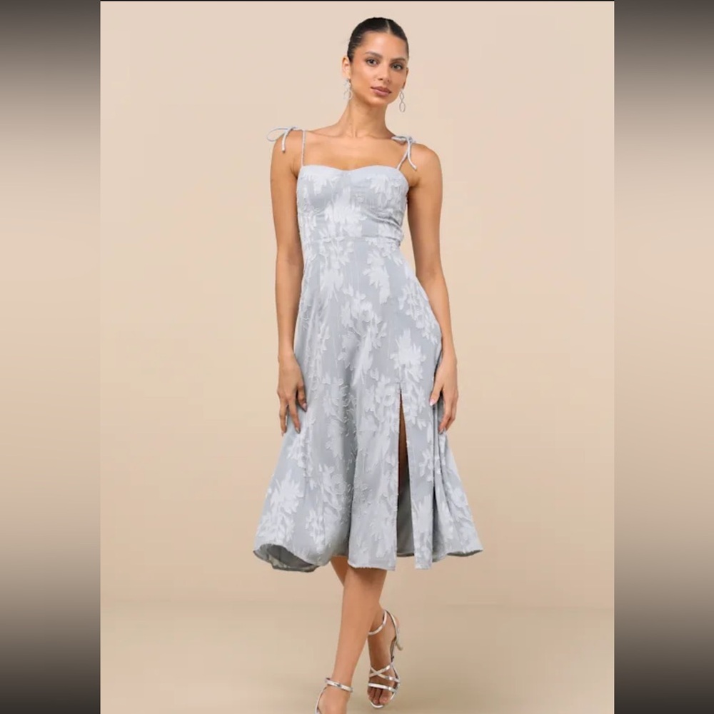 Lulus Loveliest Looks Dusty Blue Floral Jacquard Tie-strap Midi Dress - Size L